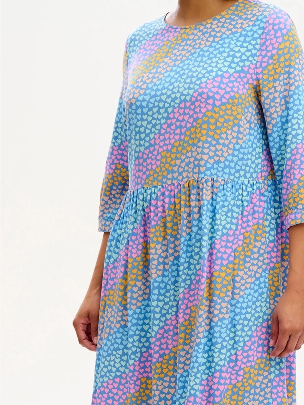Blue Heart-Print Long Sleeve Midi Dress